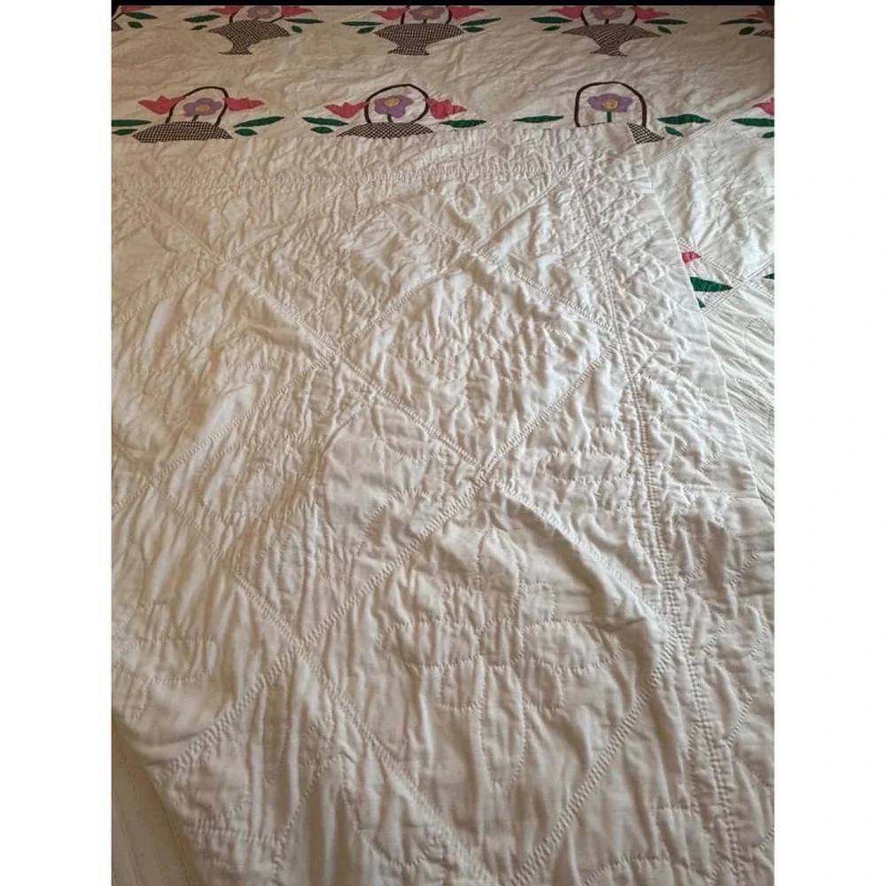 Vintage Hand Stitched Tulip Basket Appliqué Quilt Full Queen Cotton Wedding